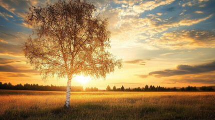 Fototapeta premium A captivating view of a lone birch tree in a field during sunset, symbolizing solitude and beauty.