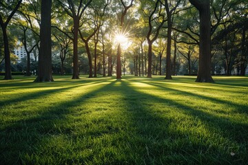 Fototapeta premium Sunbeams Filtering Through Trees in a Park