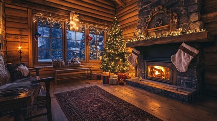 A warm holiday cabin with a decorated fireplace, soft glowing lights, and a Christmas tree nearby.
