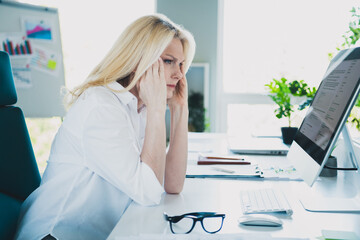 Photo of successful manager business woman blonde hair wearing white shirt tired feeling stressed touch temples at her office job