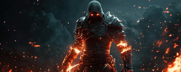 A mysterious armored figure cloaked in darkness, surrounded by fiery elements, exuding power and enigma.