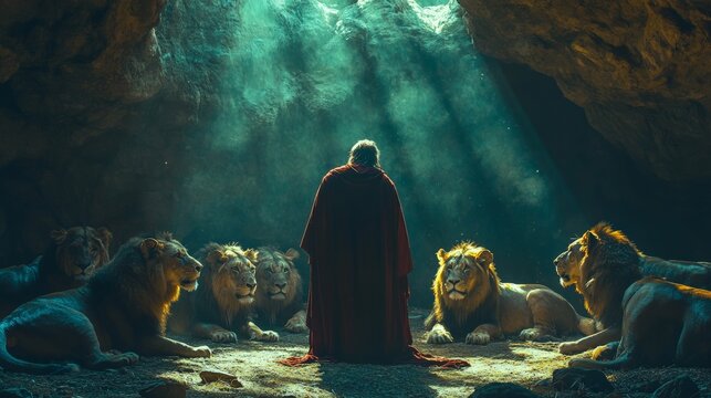 Daniel's Courageous Encounter, a vivid depiction of Daniel's unwavering faith as he stands resilient among lions, showcasing his prayerful strength and divine protection.