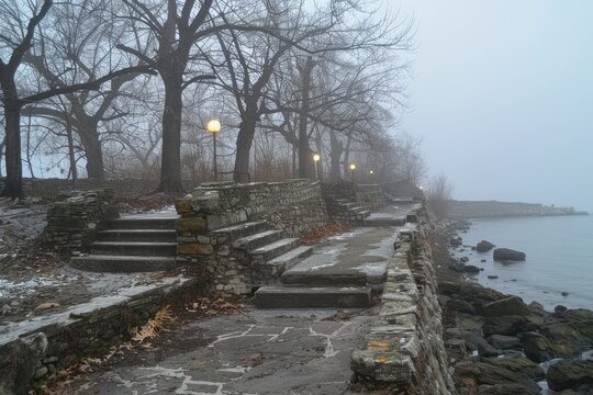 Stone Steps and Path Leading to the Foggy Coast - Powered by Adobe