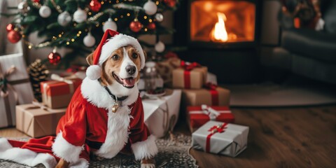 Dog in a Santa Claus costume is sitting next to a Christmas tree, fireplace and a bunch of gift...