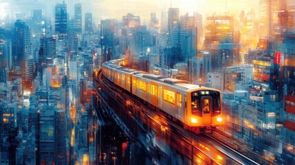 Obraz premium A train rushes past a dynamic city skyline, with vibrant colors of yellow and blue blending together, capturing the essence of urban speed and energy at dusk.