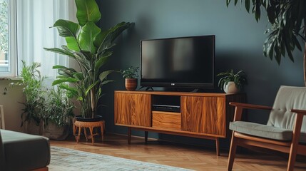 Bright and open living space with a wooden entertainment center, an inviting armchair, and a decorative indoor plant.
