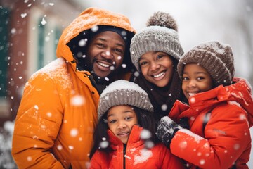 Portrait of a African American family smiling in front of house during snowfall