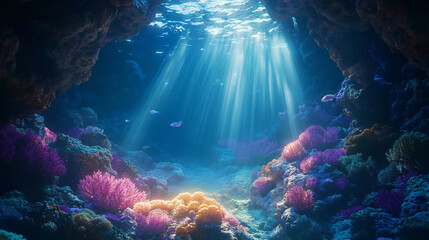 Obraz premium A captivating underwater cave with beams of sunlight streaming through, illuminating colorful corals.