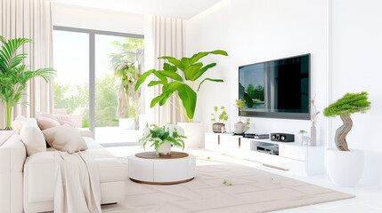Modern living room with indoor plants and stylish decor featuring bright sunlight and elegant furnishings