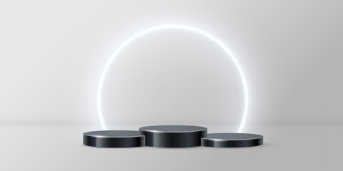Three 3d black product podiums with white circle neon shiny frame vector illustration. Abstract dark stand pedestals of round geometric shape for luxury product presentation isolated on gray.