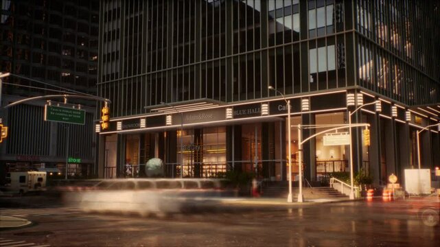 Establishing Exterior Shot of Busy City Intersection.Classical Building With Shops and Cafe. Cars and Pedestrians Move. Cinematic Fastforward Time-Lapse with Day and Night Play with Light on Buildings