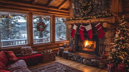 Christmas cabin featuring a cozy fireplace, twinkling holiday decor, and snow outside the windows.