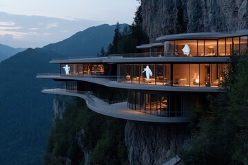 A stunning modern residence with large glass windows juts from a cliffside, offering breathtaking views of distant mountains during the twilight hours.