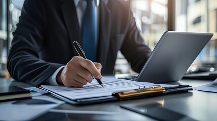 Fototapeta premium Accountant showing office document auditing concept ,plan review process and assess correctness ,Management of important document storage of organization ,document system ,accountant Audit documents.