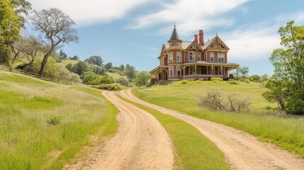 Naklejka premium Scenic Dirt Road Ascending to Majestic Victorian Mansion, Lush Greenery Flanking Pathway, Elegant Architecture Surrounded by Nature, Inviting Journey to Historic Home