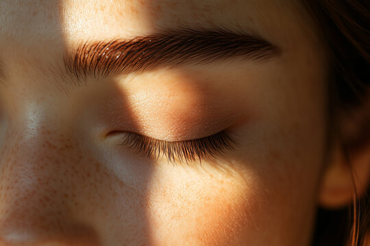 Perfect attractive female model woman closed eye showcasing eyebrows and eyelashes, elegant make-up cosmetic background.