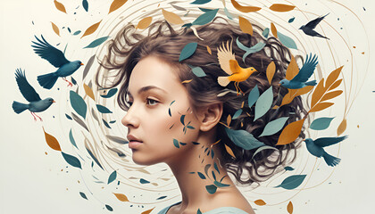 Mental health issues concept. Girl surrounded by swirling abstract as birds and leaves