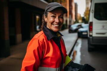 Obraz premium Portrait of a smiling middle aged female delivery worker