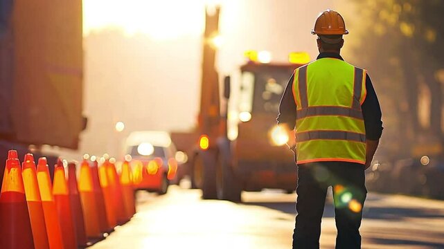 Road construction worker managing traffic at work zone during sunrise. Worker overseeing highway repair with safety cones and heavy machinery.
