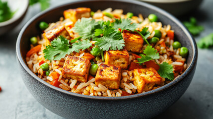 Fresh Cilantro Leaves Neatly Arranged on a Bowl of Rice