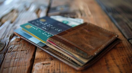 Wallet overflowing with cash and credit cards on a stylish wooden table