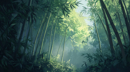 Obraz premium A captivating scene of a dense bamboo grove swaying gently in the wind, symbolizing resilience and tranquility.