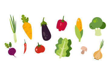 Collection of various vegetables isolated on white background. Bundle of  tomato salad cabbage broccoli chili etc