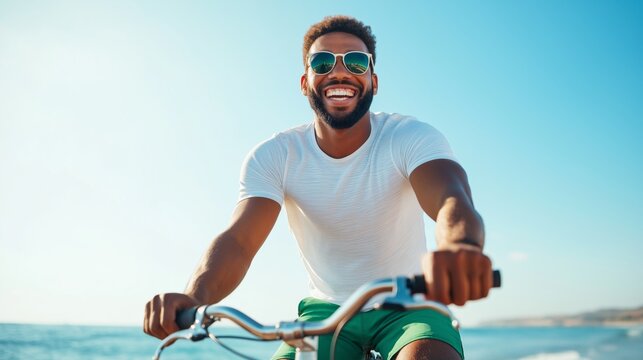 A happy man rides a bicycle along the beach on a sunny day, enjoying the ocean breeze and vibrant blue sky.