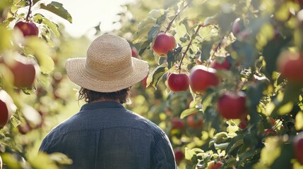 A farmer with a straw hat harvests apples from an orchard, the branches laden with ripe fruit and the air filled with the sweet scent of apples