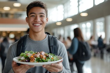 A smiling student with a backpack holds a fresh salad plate in a bright cafeteria, surrounded by other students, showcasing a healthy lifestyle and joy.