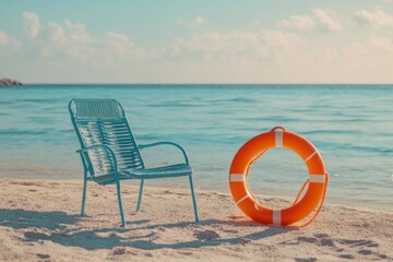 Fototapeta premium Beach Chair and Lifebuoy by the Sea