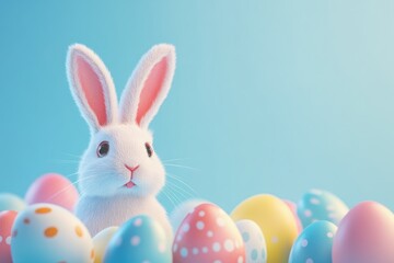 Cute Bunny Among Colorful Easter Eggs