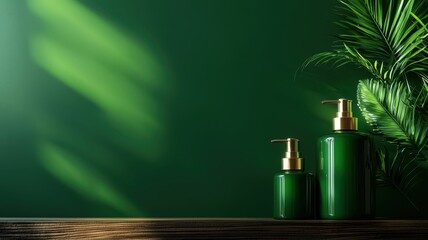 Two green bottles for skincare on wooden surface with lush plant against a soft green background.