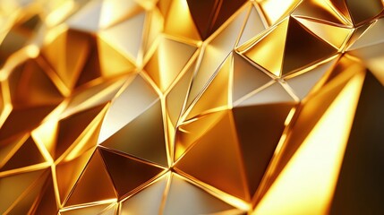 Abstract 3D visualization of a geometric low-poly golden surface. Computer animation loop. Modern background with polygonal gold shape.
