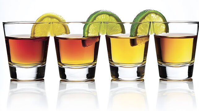 Flight: Four shot glasses filled with different tequila expressions&mdash;blanco, reposado, a&ntilde;ejo, and extra a&ntilde;ejo. The amber hues hint at their aging process. 