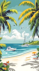 Fototapeta premium Retro Tropical Beach Scene with Sailboat and Palm Trees in Idyllic Vacation Destination
