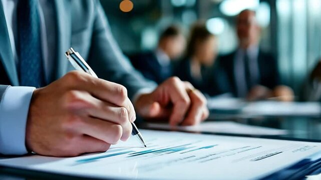Closeup on male business professional's hand signing contract during meeting for corporate deal approval. Pen and paper scene with business agreement finalization in office environment.