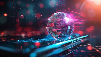 Fototapeta premium High speed communications with world wide web from anywhere in world via phone mobile internet. Hologram earth consists light dots. Abstract virtual hud elements over screen modern glass smartphone