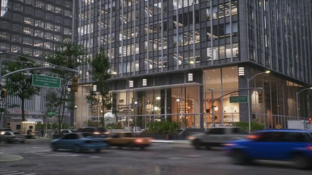 Establishing Exterior Shot of a Bustling City Intersection. Modern Glass Building With Shops and Cafe. Traffic Lights, Street and Moving Vehicles. Urban Activity Captured During Rainy Day