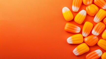 A colorful arrangement of candy corn pieces on a vibrant orange background, evoking a festive autumn or Halloween theme.