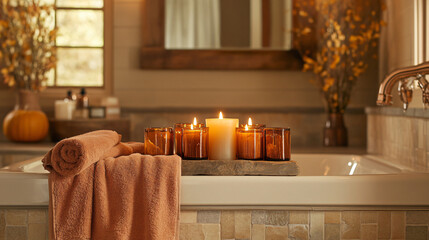 Earthy Autumn Bathroom: spa-like retreat using natural materials such as stone, wood, and copper accents. Include fall-scented candles, amber glass, and soft towels in autumn hues.