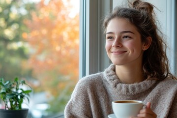 The image captures a smiling woman with dimples holding a cup of coffee near a window. The background features autumn leaves outside, creating a warm atmosphere.