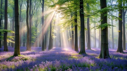 Obraz premium A serene lavender mist rises from a tranquil forest floor surrounded by tall trees with gnarled branches and leaves that shimmer in the soft morning light, sunlight, serenity, foliage