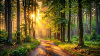 Fototapeta premium A serene and peaceful forest landscape at dusk with tall trees, a winding path, and a soft golden light filtering through the leaves, foliage, nature, outdoors