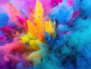 Fototapeta premium Vibrant explosion of colorful powders creating a mesmerizing abstract pattern with shades of pink, blue, yellow, and orange blending beautifully.