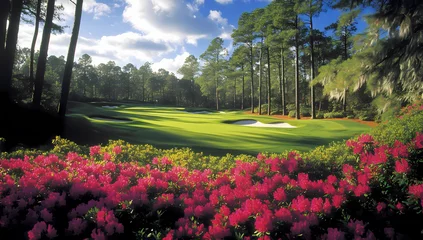 Fototapete Rund The golf course at the Masters in Augusta, Georgia, is the opposite of dull, with pink azaleas and lush green grass  © Black Queen Design