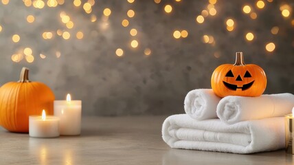Cozy Spa Retreat with Pumpkin Guests - Relaxing Autumn Pampering Scene with Candles and Skincare Treatments, Copy Space Available for Text