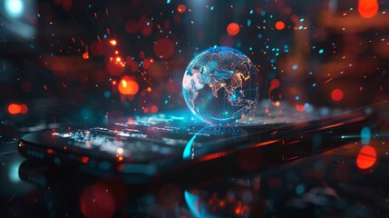 High speed communications with world wide web from anywhere in world via phone mobile internet. Hologram earth consists light dots. Abstract virtual hud elements over screen modern glass smartphone