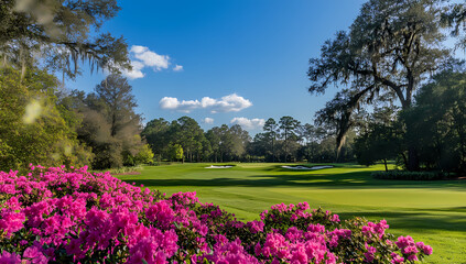 The golf course at the Masters in Augusta, Georgia, is the opposite of dull, with pink azaleas and lush green grass 