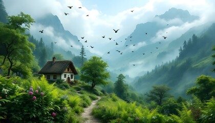 Dreamy landscape with misty mountains in the background, vibrant green valley filled with lush ferns and blooming flowers, a small cottage with a thatched roof nestled among the trees